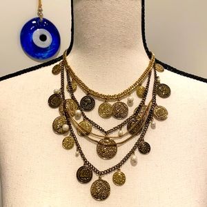 Multi-strand gold coin & pearl bib necklace EUC